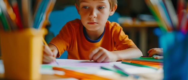 ein junger Junge sitzt an einem Tisch mit einem Bleistift in der Hand