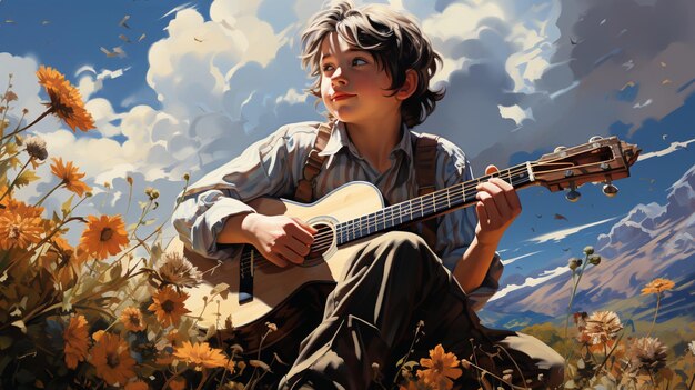 Ein junger Junge spielt Gitarre auf einer Wiese und starrt auf den wunderschönen Himmel
