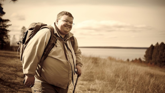 Foto ein junger kaukasischer reisender mit rucksack lächelt, während er vor einem wald und einem see steht.