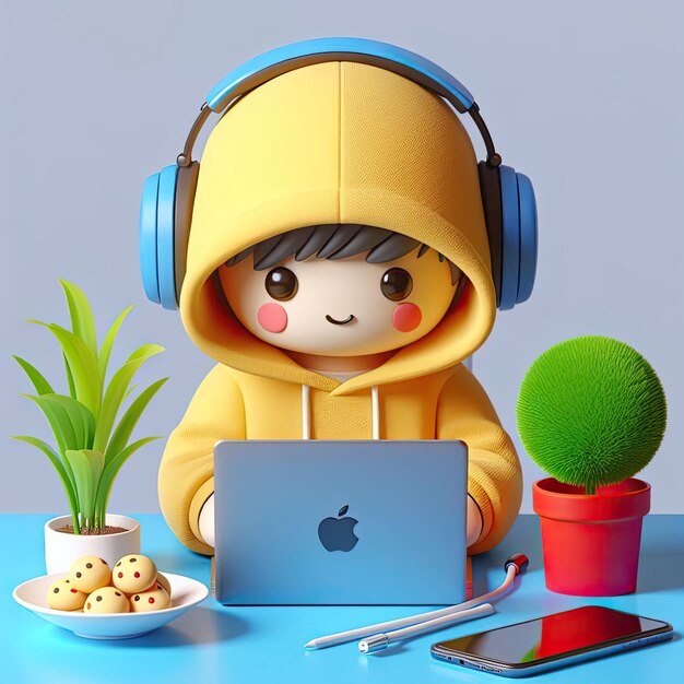 Ein junger Kawaii-Mann trägt einen gelben Hoodie und benutzt einen Laptop, um im 3D-Internet zu surfen.