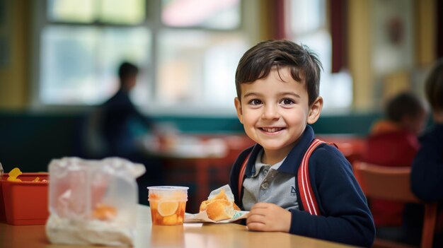 Ein junger Kind im Vorschulalter sitzt in der Schulcafeteria und isst zu Mittag