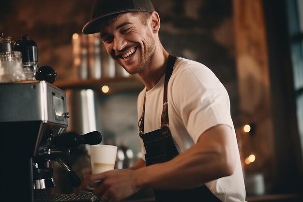 Ein junger, lächelnder Barista macht einen Cappuccino