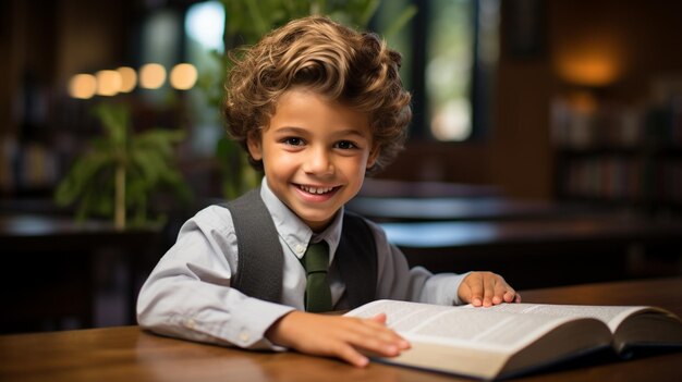 Ein junger männlicher Schüler, der an einem Büchertisch, der den Akt des Lernens symbolisiert, ein Buch liest