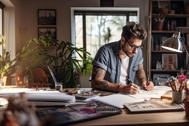 Ein junger Mann arbeitet an einem großen Tisch Architekt Designer