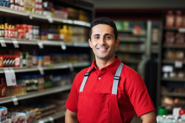 Ein junger Mann arbeitet im Supermarkt, der Besitzer eines Lebensmittelgeschäfts ist.