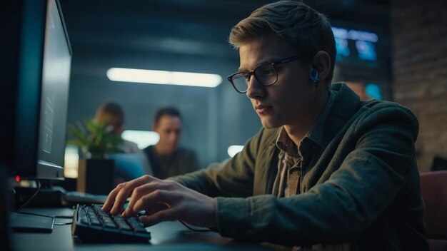 Foto ein junger mann arbeitet nachts an einem laptop, freiberuflicher designer oder systemadministrator arbeitet spät in der arbeit
