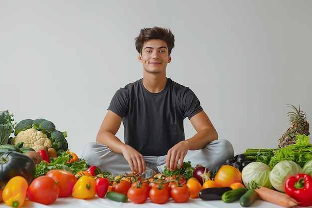 Ein junger Mann auf einem weißen Hintergrund, umgeben von Obst und Gemüse in der Lotus-Haltung, Gesundheitsprobleme und Raum, Generative KI