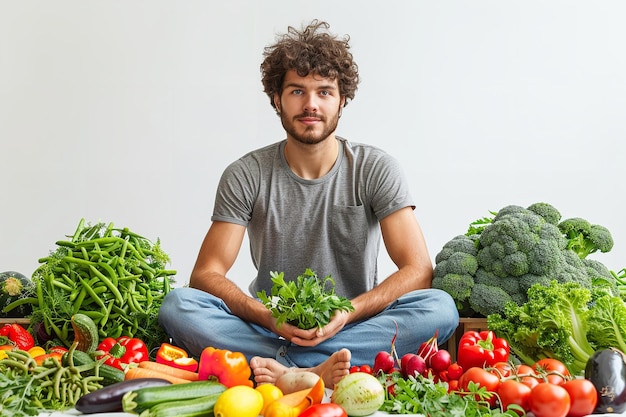 Ein junger Mann auf einem weißen Hintergrund, umgeben von Obst und Gemüse in der Lotus-Haltung, Gesundheitsprobleme und Raum, Generative KI