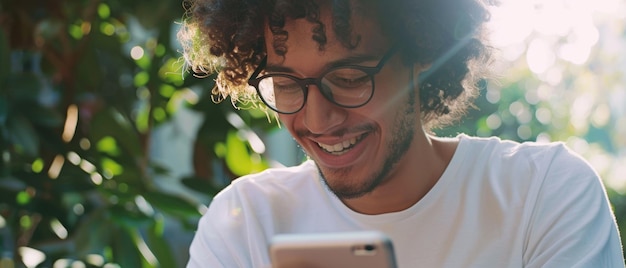 Ein junger Mann beschäftigt sich mit seinem Smartphone in einer sonnigen Umgebung