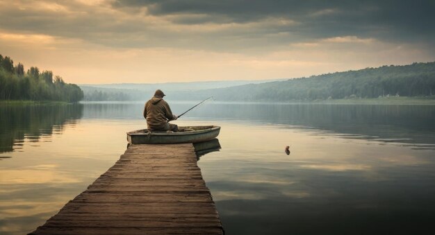 Foto ein junger mann, der an einem see angelt