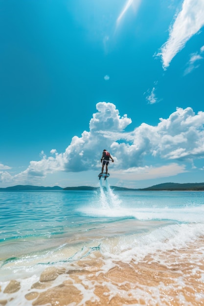 Foto ein junger mann, der an einem sommertag auf einem exotischen strand flyboarding macht
