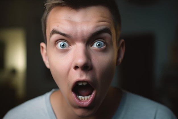 Ein junger Mann, der mit offenem Mund gierig in eine Kamera blickt, erstellt mit generativer KI