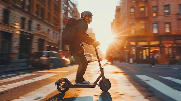 Ein junger Mann fährt mit einem elektrischen Roller durch eine belebte Stadtstraße, er trägt einen Helm und einen Rucksack, die Sonne scheint hell.