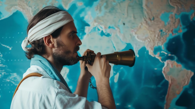 Ein junger Mann, gekleidet in zeitgenössische Kleidung, steht vor einer Weltkarte, er schaut durch ein Teleskop, er trägt ein weißes Hemd und eine blaue Scharfe.