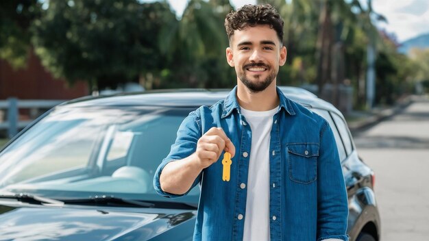 Ein junger Mann hält die Autoschlüssel bei seinem neuen Auto
