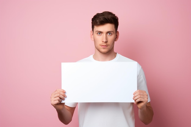 Ein junger Mann hält ein leeres Blatt Papier und einen hellen Hintergrund