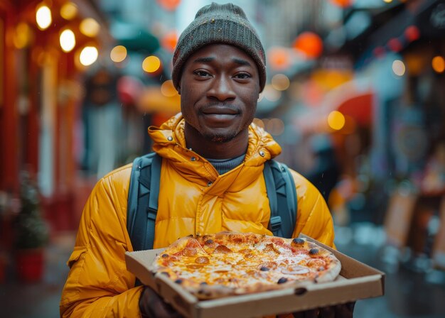 Ein junger Mann hält eine Pizza in Chinatown