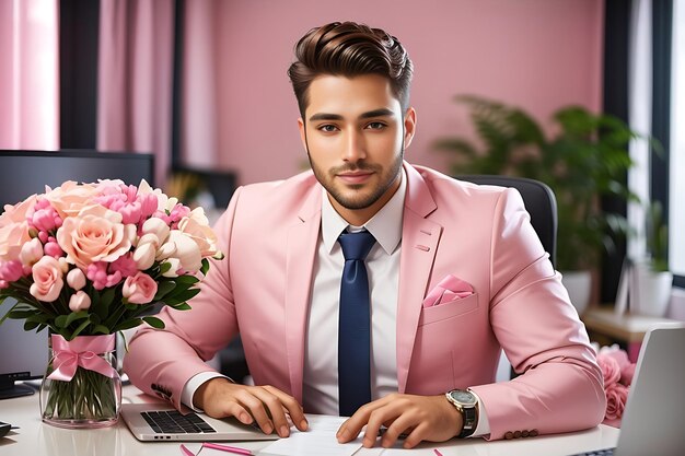 Foto ein junger mann im business-anzug arbeitet an seinem laptop in einem rosafarbenen büro, umgeben von frischen blumen