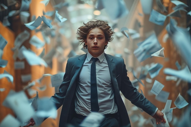 Foto ein junger mann in einem anzug, umgeben von fliegenden papieren in einer dramatischen umgebung