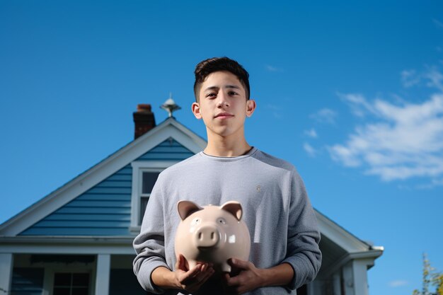 ein junger Mann in einem beiläufigen Hemd, der aufmerksam auf ein Hausfoto schaut, während er ein Piggy Bank hält