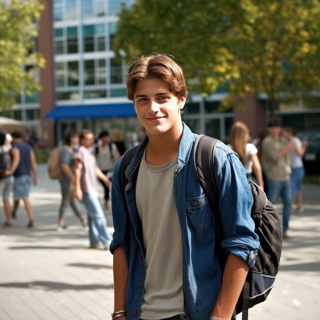 Ein junger Mann in einem blauen Jeans-Hemd mit einem Rucksack lächelt am sonnigen Tag in der Nähe des Campus auf die Kamera.