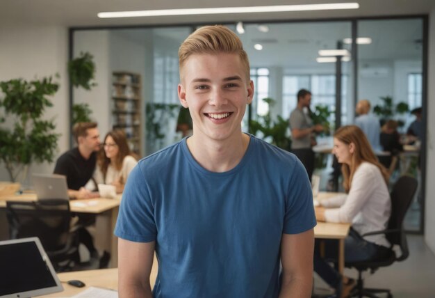 Foto ein junger mann in einem blauen t-shirt lächelt in die kamera, während er in einem büro mit seinen kollegen sitzt