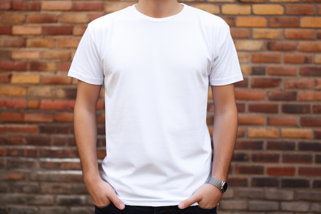 Ein junger Mann in einem leeren weißen T-Shirt steht vor einem Backsteinhintergrund, ein T-Shirt-Modell für einen Mann