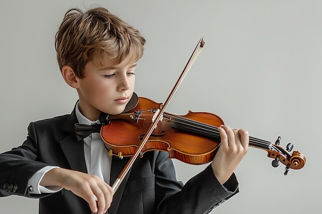 Ein junger Mann in einem schwarzen Anzug erschien und spielte selbst Geige über einer weißen Kulisse.