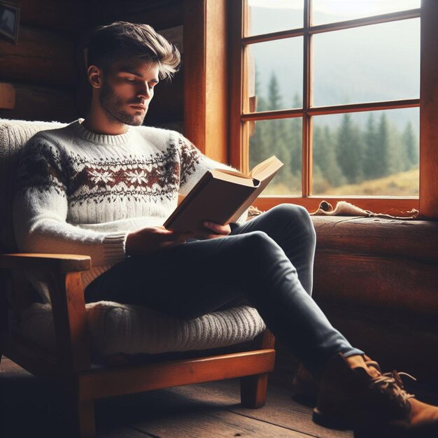 Foto ein junger mann in einem warmen pullover liest ein buch, während er sich am fenster auf einem sessel entspannt