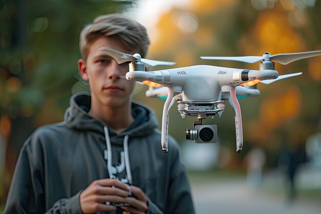 Ein junger Mann in einer Kapuze fährt einen Quadcopter