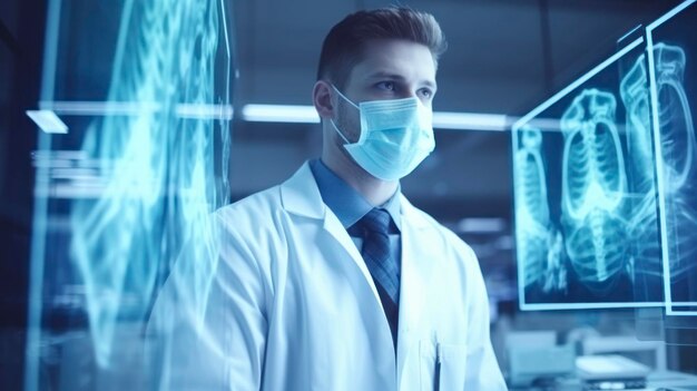 Ein junger Mann in einer medizinischen Maske, ein Arzt, ein Forscher vor dem Hintergrund von Röntgenbildern