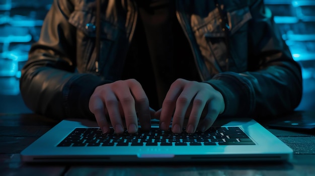 Ein junger Mann in einer schwarzen Lederjacke schreibt in einem dunklen Raum auf einem Laptop