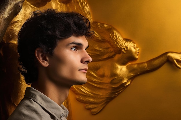 Ein junger Mann in Haltung auf goldenem Hintergrund, Fotoillustration