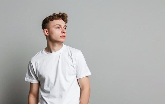Foto ein junger mann in weißem t-shirt schaut mit einem reflektierenden ausdruck nach oben in einem studio