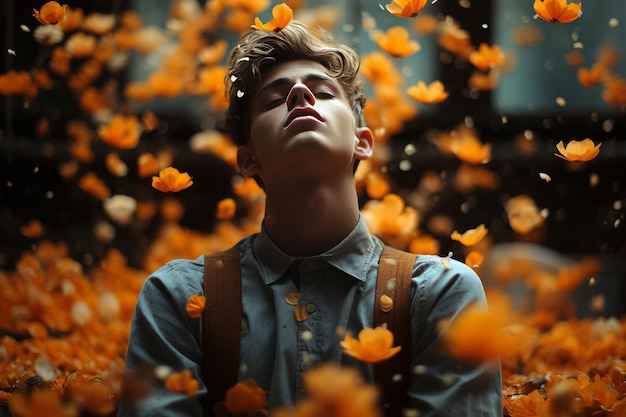 Ein junger Mann inmitten von Orangenblumen