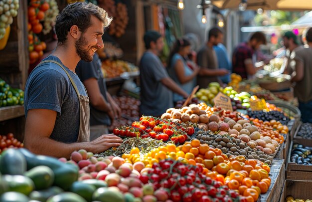 Ein junger Mann kauft Obst und Gemüse auf einem offenen Straßenmarkt
