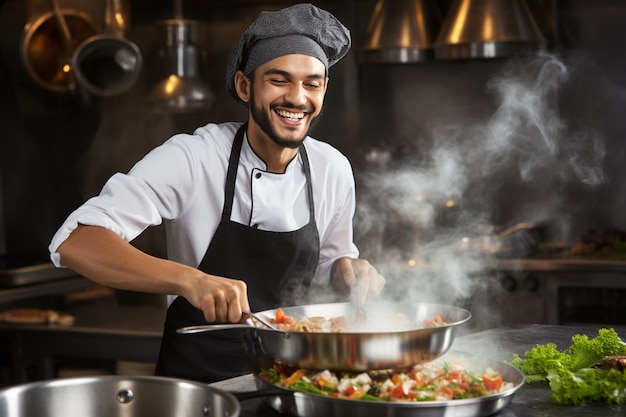 Ein junger Mann kocht frisches Essen zu Hause und öffnet den Deckel eines dampfenden Topfes