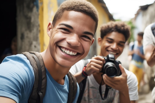 Ein junger Mann lächelt in die Kamera, während sein Freund ein mit generativer KI erstelltes Foto macht