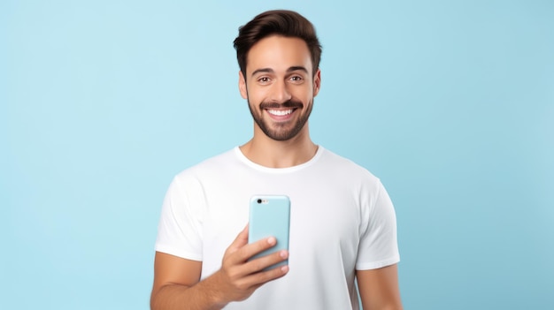Ein junger Mann lächelt und hält sein Smartphone auf einem farbigen Hintergrund