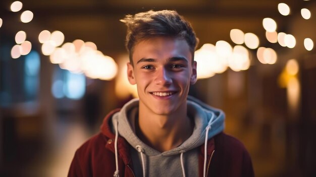 ein junger Mann lächelt vor einem verschwommenen Hintergrund mit einem Lächeln auf seinem Gesicht