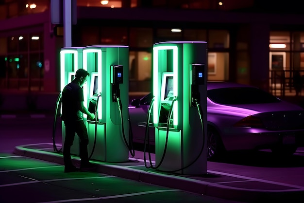 Ein junger Mann lädt sein Elektroauto nachts an einer Ladestation in der Stadt auf