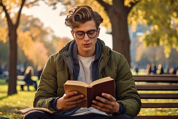 Ein junger Mann liest ein Buch im grünen Park