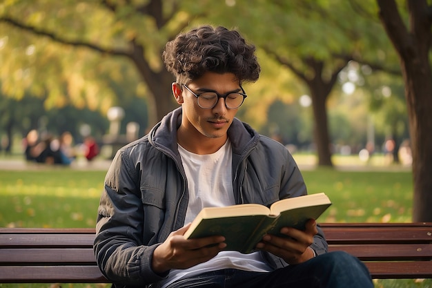 Ein junger Mann liest ein Buch im grünen Park