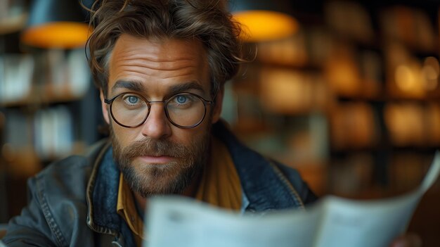 Ein junger Mann liest tagsüber in einer gemütlichen Bibliothek ein Buch