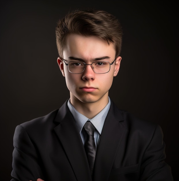 Ein junger Mann mit Brille und Anzug mit Krawatte