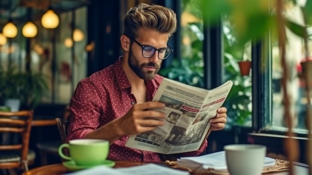 Ein junger Mann mit Freizeitkleidung und Brille liest eine Zeitung in einem Café. Generative KI