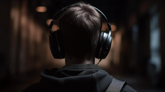 Ein junger Mann mit großen Kopfhörern Rückansicht Generative KI