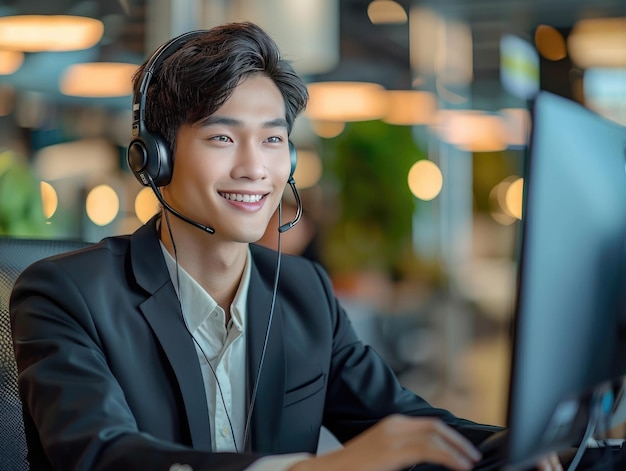 Ein junger Mann mit Kopfhörern im Büro
