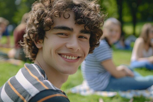 Ein junger Mann mit lockigem Haar macht ein Picknick im Park mit Freunden