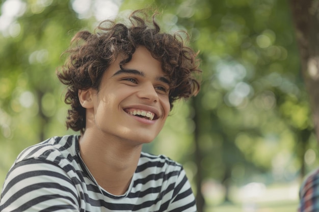 Ein junger Mann mit lockigem Haar macht ein Picknick im Park mit Freunden